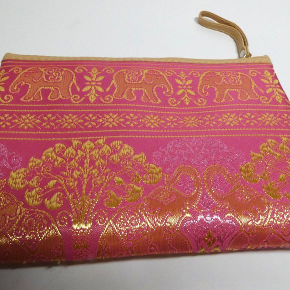 Pink and Gold Cosmetic Purse Makeup Bag Wallet Thailand Embossed Elephants NEW - Picture 2 of 4